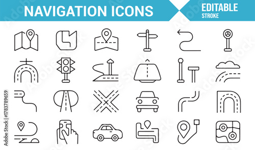 Editable Stroke Navigation Icons – Vector Line Set Representing GPS, Map, and Route Directions