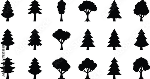 Tree silhouette icons, black tree shapes, vector forest elements, coniferous and deciduous trees, graphic design assets, nature clipart collection
