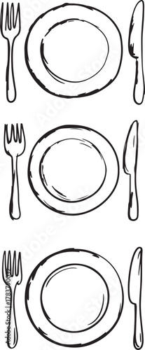 Table Setting Three Place Settings with Plates Cutlery in Black and White Illustration