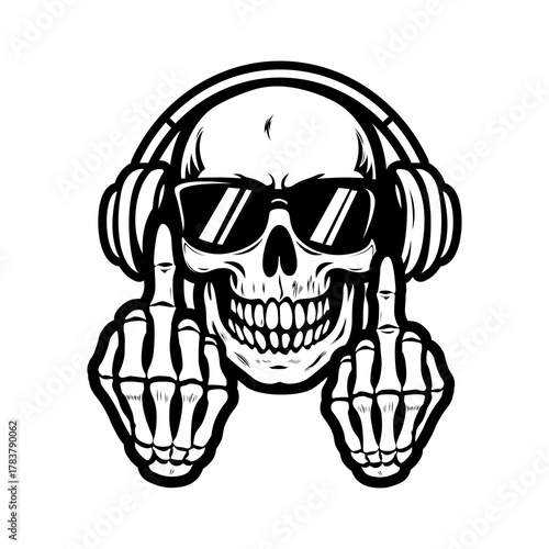 Skull DJ Illustration with Headphones, Sunglasses and Middle Finger Gesture Bold Black Line Art for Music, Streetwear, Tattoo, Rebel Graphic Designs