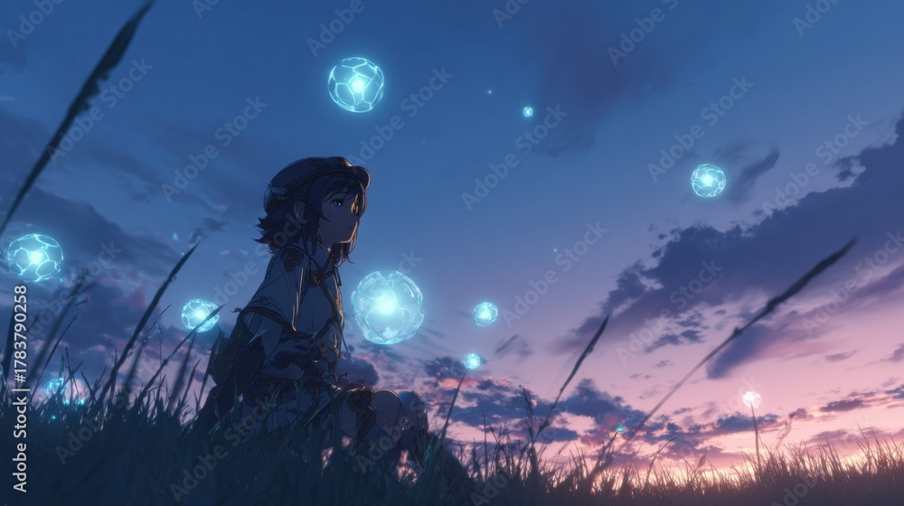 Fototapeta premium Anime Style Girl Sitting in Field Under Twilight Sky Surrounded by Glowing Floating Spheres
