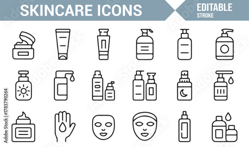 Hygiene and Self-Care Icons – Thin Line Editable Vector Set of Skincare and Cosmetic Elements