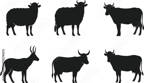 Silhouettes of hoofed animals including sheep, yak, cow, antelope, zebu, bull, minimal vector design for logo, branding, agricultural illustration