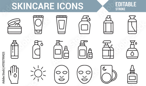 Beauty and Skincare Outline Icons – Thin Line Vector Set for Lotion, Serum, and Mask Illustrations