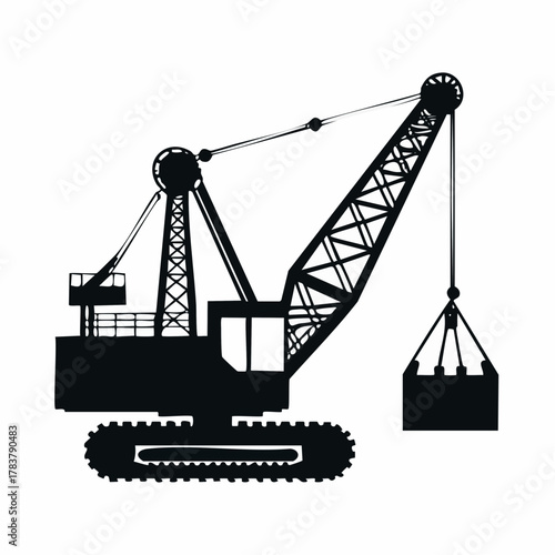 High contrast Vector Silhouette of a Dragline Excavator in a Mining Operation