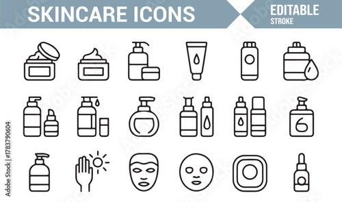Thin Line Skincare Icons – Minimal Vector Set Featuring Lotion, Cleanser, and Self-Care Products