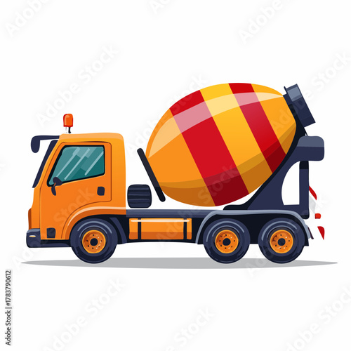 Side View Illustration of a Concrete Mixer Truck with Rotating Drum in Vector Art