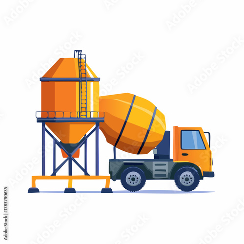 High Resolution Vector Illustration of Cement Batching Plant with Silo and Concrete Mixer Truck