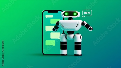 Robot chatbot and mobile phone technology on green background