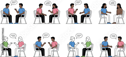 Cartoon people talking, seated pairs, communication concept, diverse characters, speech bubbles, casual outfits, dialogue illustration, interpersonal interaction, minimal design, white background