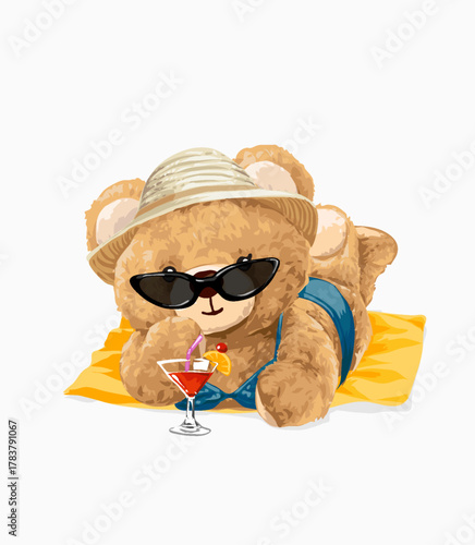 cute bear doll sunbathing on beach vector illustration - created by hand drawn