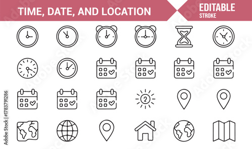 Editable Stroke Time Icons – Thin Line Vector Set Featuring Calendar, Clock, and GPS Location Elements