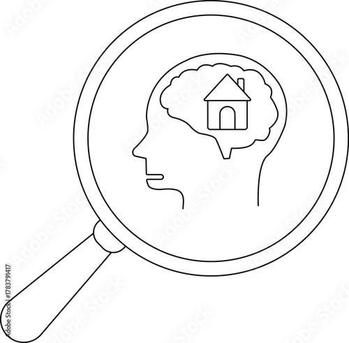 A head profile with a house inside the brain viewed through a magnifying glass