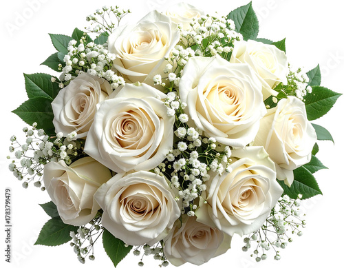 Elegant White Roses and Baby’s Breath Floral Bouquet on Black Background