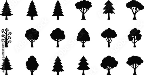 Tree silhouettes, black forest icons, coniferous shapes, deciduous outlines, nature design, graphic trees, vector foliage, landscape elements, botanical clipart, environmental art