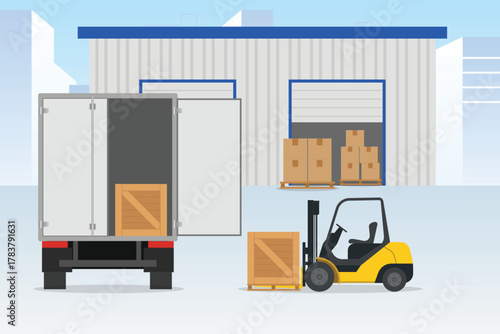 Warehouse building logistics with truck delivery shipping and forklift	
