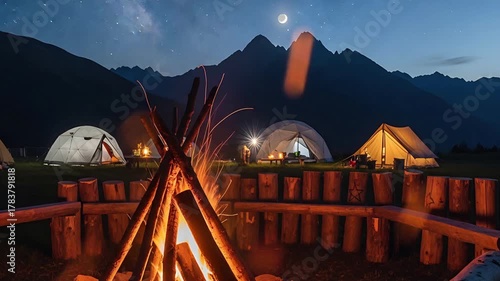 Night Camping by the Campfire Under the Starry Sky and Mountains seemless looping quality video 4K