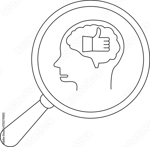 A magnifying glass examines a head silhouette with a thumbsup inside the brain