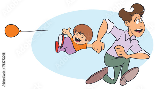 Man with child runs quickly.