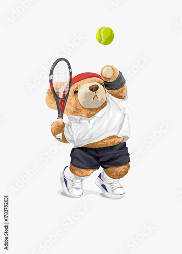 cute bear doll tennis player serving vector illustration - drawn by hand