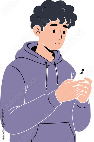 Cartoon person in purple hoodie, contemplative pose, curly hair, vector illustration, introspective moment, clean design, character asset, modern flat style, emotion concept