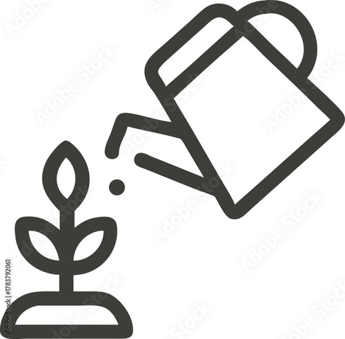 Line art icon of a watering can pouring water on a small plant isolated on white background