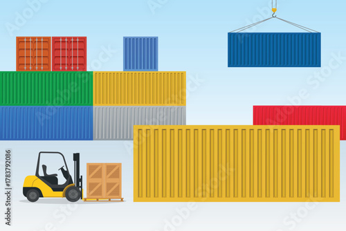 Forklift lifting boxes with container port background	
