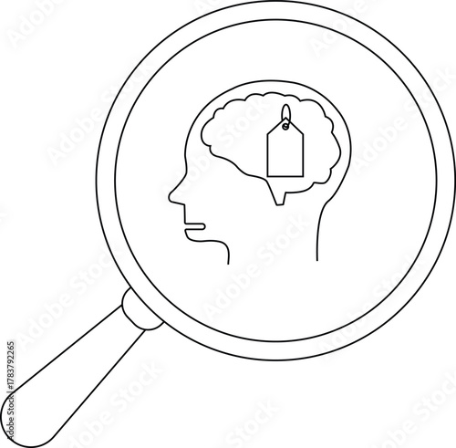 A magnifying glass focuses on a head profile revealing a brain with a price tag inside
