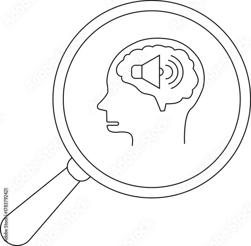 A magnifying glass focuses on a head profile with a brain containing a speaker and sound waves