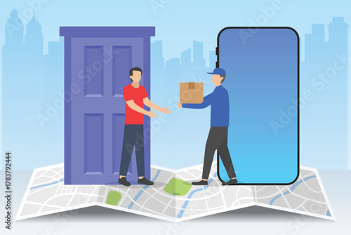 Customer receive a package appear from screen phone by courier at home, online shopping concept 