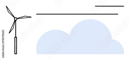 Wind turbine beside abstract cloud and lines representing energy, sustainability, wind power, eco-friendly solutions, technology, clean energy, and modern design. Ideal for green initiatives