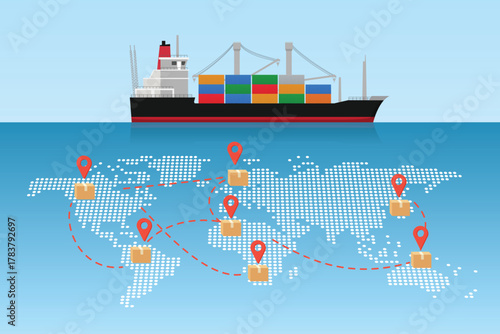 Global shipping routes transportation on world map with ship international trade 
