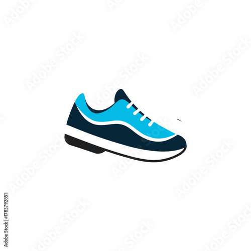 Flat design vector illustration of a modern blue and dark blue running shoe, ideal for fitness and sport themes.