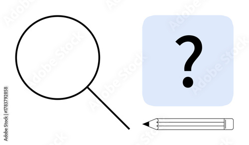 Magnifying glass, question mark in a blue square, and a pencil symbolize investigation, curiosity, and problem-solving. Ideal for education, research, analysis, creativity knowledge