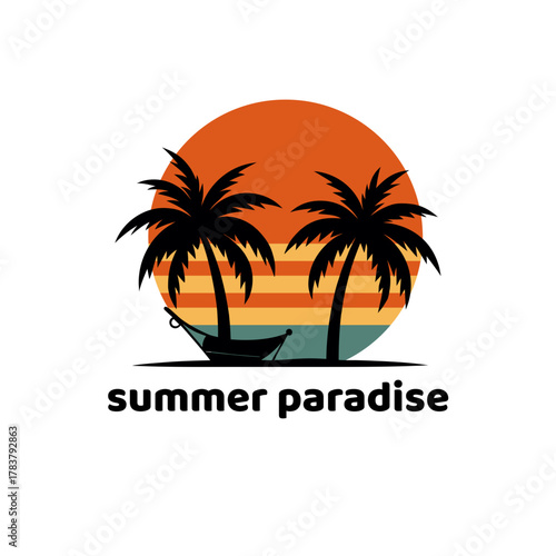 Summer paradise vector logo icon design featuring tropical palm trees, boat, and striped sunset over ocean