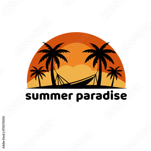 Tropical summer paradise logo with palm trees, boat, and sunset over calm ocean, vacation illustration