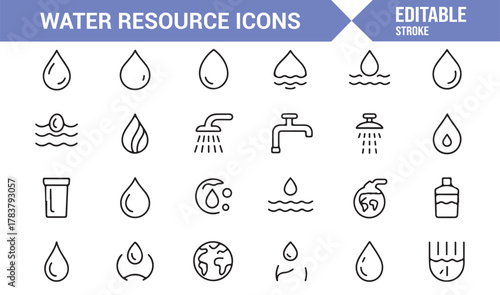 Editable Stroke Water Conservation Icons – Vector Outline Collection for Sustainability and Ecology Design