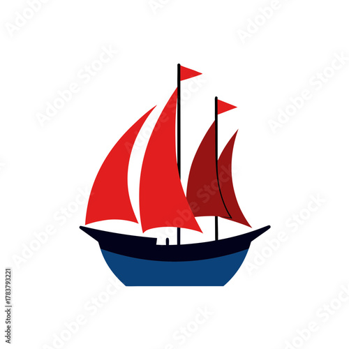 Stylized sailboat icon with vibrant red sails and a deep blue hull, sailing smoothly on clear waters.