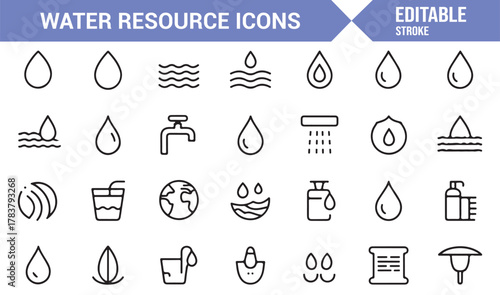 Water Resource Line Icons – Editable Stroke Vector Collection of Drop, Faucet, and Wave Symbols