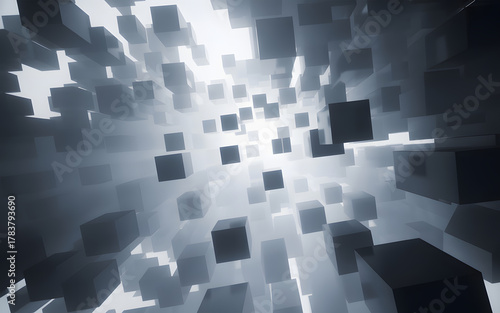 Futuristic 3D floating cubes in abstract digital space with soft light.