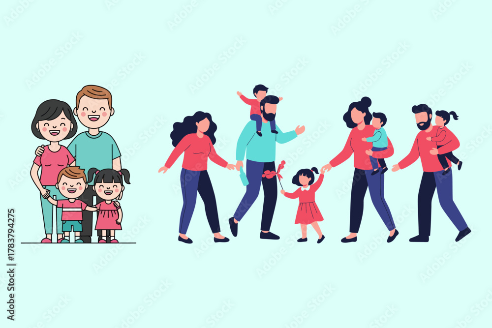 Fototapeta premium Cartoon Family Illustration Parents and Children in Various Poses