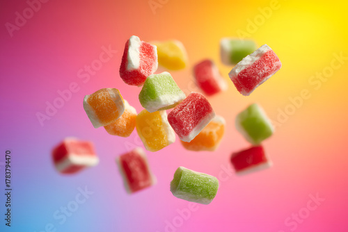 Colorful Candy Pieces Floating in Midair . 3D Realistic Sweet Concept on White Background