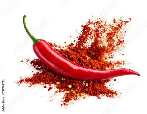 Chili powder and chili flakes burst out from red chili pepper transparent background png