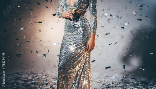 Wallpaper Mural Elegant woman in silver sequin dress holding champagne glass, surrounded by sparkling confetti in festive studio, glamorous celebration atmosphere, joyful and sophisticated mood Torontodigital.ca