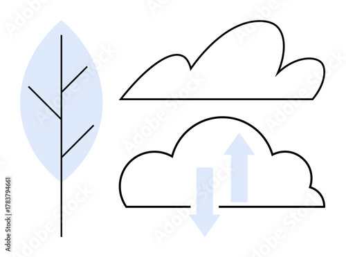 Leaf silhouette with clouds and directional arrows indicating climate dynamics and sustainability. Ideal for nature, weather, ecology, climate change, environment, air flow, and energy. Clean