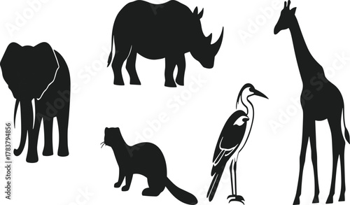 Wildlife silhouettes featuring elephant, rhinoceros, giraffe, heron, otter, minimal vector design for logo, branding, educational nature art, biodiversity illustration