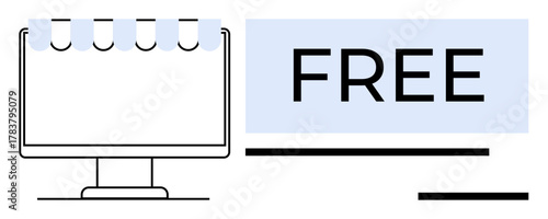 Computer screen with storefront awning and FREE text emphasizes online shopping and promotions. Ideal for e-commerce, discounts, marketing strategies, digital economy, sales growth, branding, simple