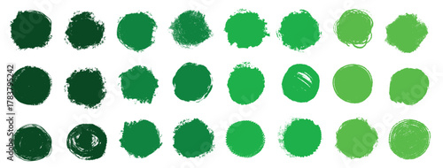 Hand drawn green approved chalk ink crayon texture grunge circle elements. Simple childish forms cut out illustrations.