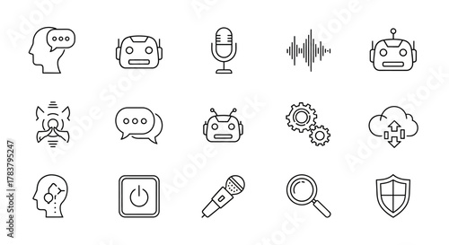 Minimalist AI, voice, robotics, and technology outline vector line icons set.