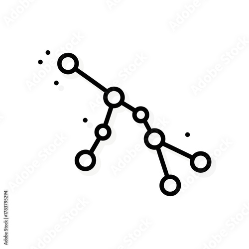 Minimalist black line art constellation graphic with connected circles and scattered dots.